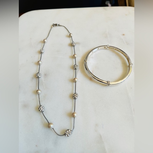 Bundle of Silver, Pearl, & Rhinestones Necklace w/Silver & Rhinestones Bracelet - Picture 3 of 4